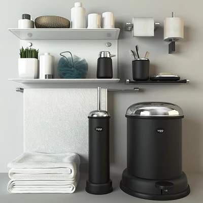 Modern Stylish Bathroom Accessories with Shelf Towels Loofah Toothbrush Holder and Trash Can 3d model