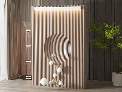 Elegant Wooden Slat Room Divider With Circular Hollow Design Decorative Balls And Green Plant 3d model