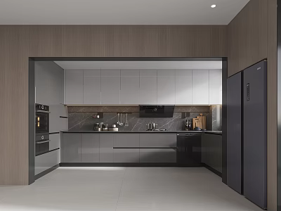 Modern Kitchen Interior Design With Grey Cabinets Black Countertop And Appliances 3d model
