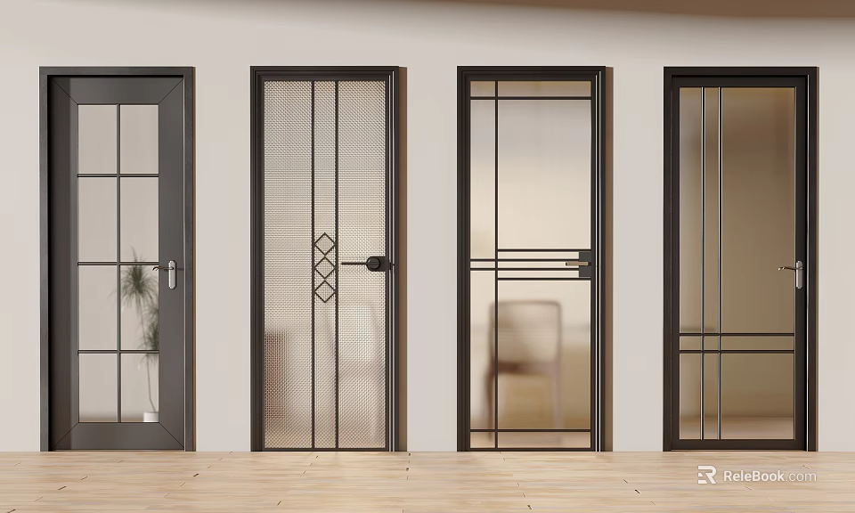 Modern Swing Doors With Various Glass Panel Designs And Black Frames For Home Interior 3d model