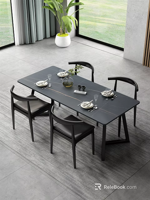 Modern Dining Table Set with Four Black Chairs and Tableware Decorated with Green Plant 3d model 