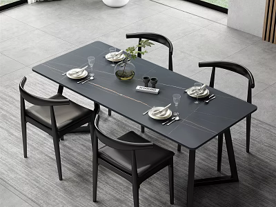 Modern Dining Table Set with Four Black Chairs and Tableware Decorated with Green Plant 3d model