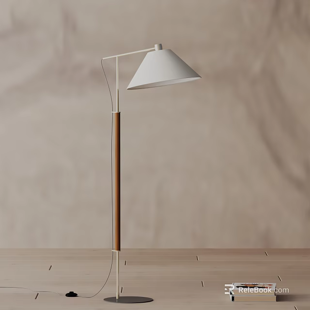 Modern Floor Lamp With Wooden Pole And White Lampshade For Interior Decor 3d model 