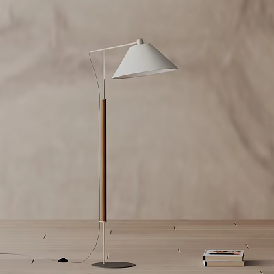 Modern Floor Lamp With Wooden Pole And White Lampshade For Interior Decor 3d model