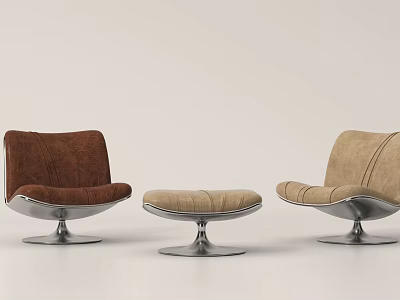 Contemporary Accent Lounge Chairs In Brown Beige Velvet With Silver Metal Base And Ottoman 3d model
