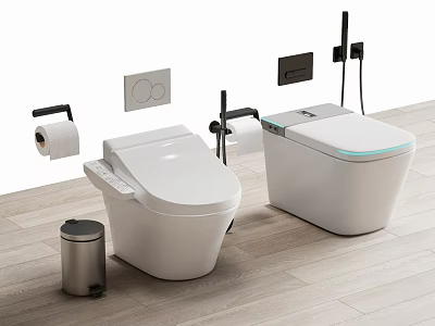 Smart Modern White Toilets In Bathroom With Toilet Paper Holder And Trash Can 3d model