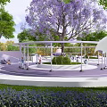 Children's Play Area With Curved Purple White Structures Lush Green Trees And Pathways