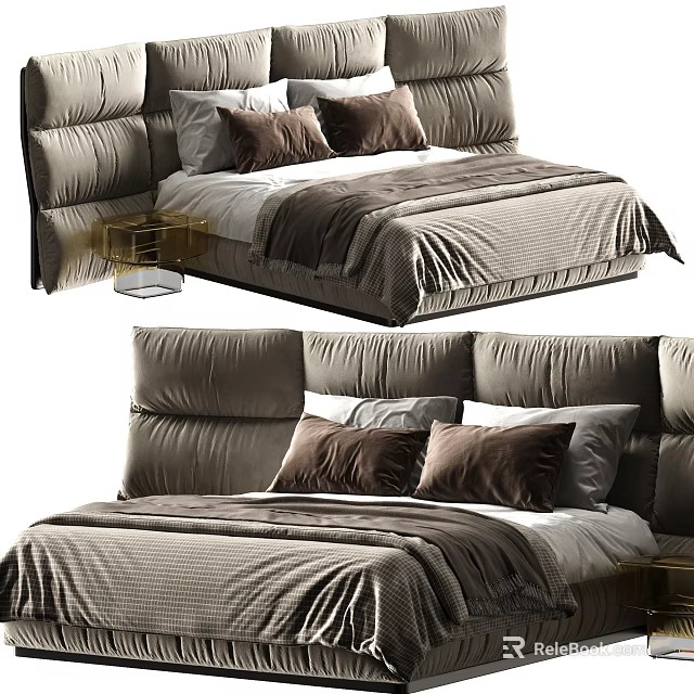 Plush Double Bed With Modern Tufted Headboard Decorative Pillows And Cozy Bedspread 3d model 