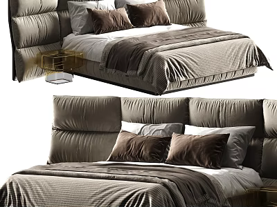 Plush Double Bed With Modern Tufted Headboard Decorative Pillows And Cozy Bedspread 3d model