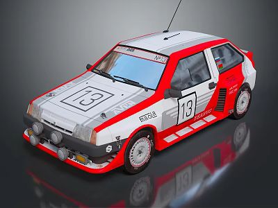 Red and White Renault Rally Car with Number 13 Racing Design and Alloy Wheels 3d model