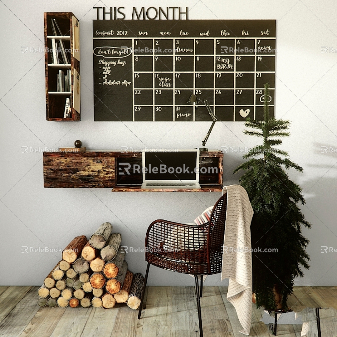 Modern Table and Chair Combination Calendar Scrap Notes Shelf Table 3d model