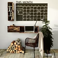 Wall Mounted Wooden Desk and Rattan Chair Set with Chalkboard Calendar Christmas Tree and Firewood