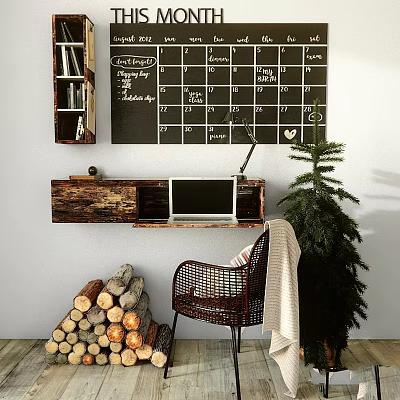 Wall Mounted Wooden Desk and Rattan Chair Set with Chalkboard Calendar Christmas Tree and Firewood 3d model