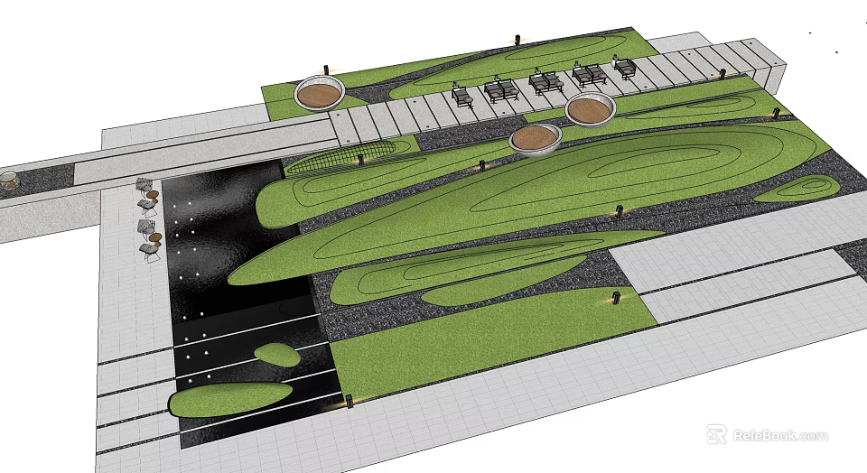 Courtyard Garden Landscape Design With Winding Path Seating Area And Circular Lawn Features 3d model