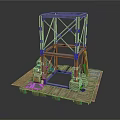 Industrial Metal Frame Structure On Wooden Platform With Crates And Pallets