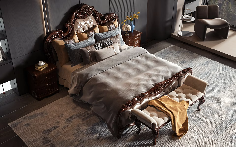 Ornate Classic Double Bed with Carved Headboard Multiple Pillows Nightstand Vase and Footstool with Blanket 3d model 