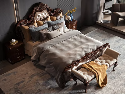 Ornate Classic Double Bed with Carved Headboard Multiple Pillows Nightstand Vase and Footstool with Blanket 3d model