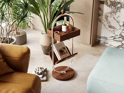 Books And Magazines On Stylish Wooden Cart In Modern Living Room With Green Plants 3d model
