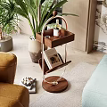 Books And Magazines On Stylish Wooden Cart In Modern Living Room With Green Plants