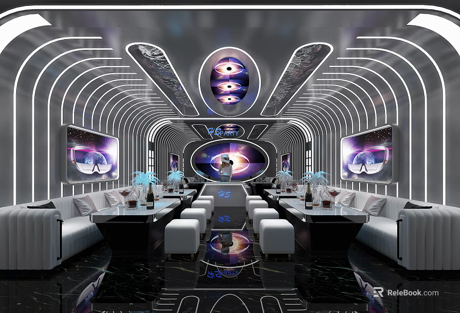 Futuristic KTV Interior Design With Curved LED Lights Circular Ceiling And Digital Screens 3d model 