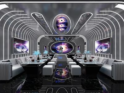 Futuristic KTV Interior Design With Curved LED Lights Circular Ceiling And Digital Screens 3d model