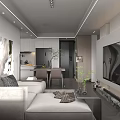 Modern Living and Dining Room With Gray Sofa Wall Art Dining Table And Open Kitchen