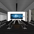 Modern Conference Room With Long Table Black Office Chairs Large Screen And Glass Partitions
