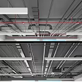 Modern Industrial Suspended Ceiling Design With Metal Framework Pipes and Lighting