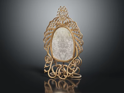 Golden Decorative Photo Frame With Intricate Carved Design Oval Mirror And Ornamental Base 3d model