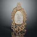 Golden Decorative Photo Frame With Intricate Carved Design Oval Mirror And Ornamental Base