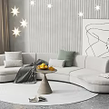 Light Gray Curved Multi person Sofa with Cushions Star Lights Abstract Painting and Round Rug