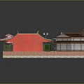 Cartoon Japanese Traditional Scene With Houses Stream Bridge Cherry Blossom Tree And Red Pavilion