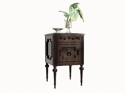 Dark Wood Bedside Table With Carved Legs Drawer Metal Handle White Bowl And Green Plant 3d model