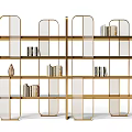 Modern Bookcase with Golden Frame Glass Elements and Multiple Shelves for Books and Decorative Items