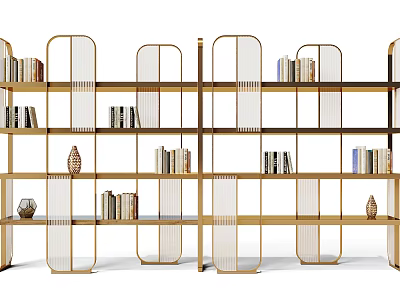 Modern Bookcase with Golden Frame Glass Elements and Multiple Shelves for Books and Decorative Items 3d model