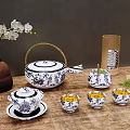 Blue And White Tea Set Including Teapot Cups Bowls With Green Tea And Bamboo Container