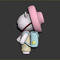 Cute White Cat Character Wearing Pink Hat And Blue Backpack With Overalls