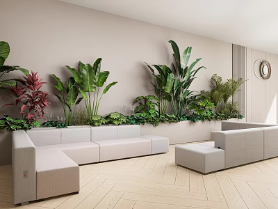Serene Tea Room With Beige Walls Wooden Flooring Green Plants And Light Gray Sofas 3d model