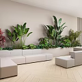 Serene Tea Room With Beige Walls Wooden Flooring Green Plants And Light Gray Sofas