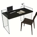 Modern Minimalist Desk with Transparent Glass Legs Laptop Table Lamp and Dark Brown Chair