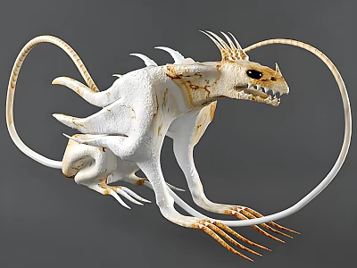 White Fantasy Creature 3D Render With Yellow Patterns Long Tail And Sharp Fangs 3d model