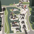 Aerial View Planning of Traditional Waterfront District with Buildings Lights and Pedestrians