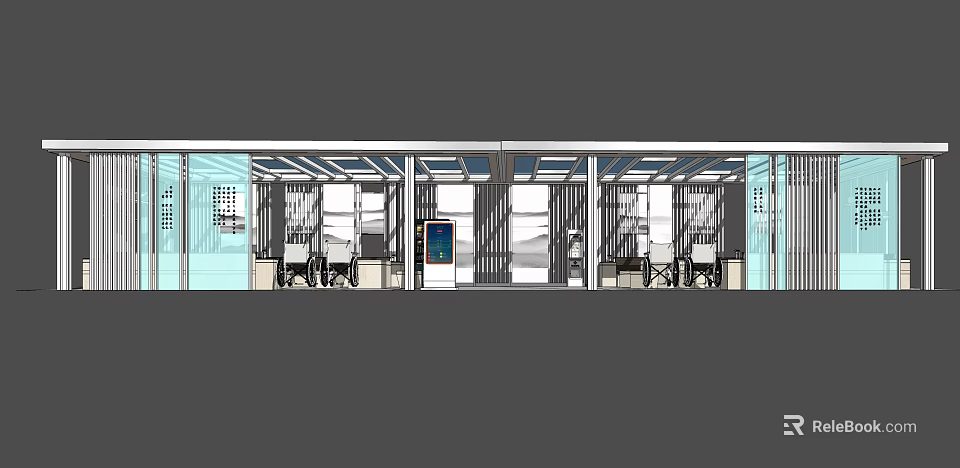 Modern Pergola Structure With Metal Frames Glass Panels And Outdoor Seating 3d model 