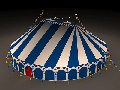 Blue and White Striped Circus Tent With Red Door Colorful Pennants And String Lights 3d model