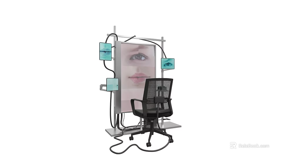 Interactive Art Installation With Black Chair Metal Frame And Screens Showing Eye And Face 3d model 