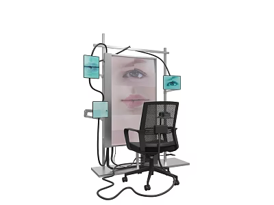 Interactive Art Installation With Black Chair Metal Frame And Screens Showing Eye And Face 3d model