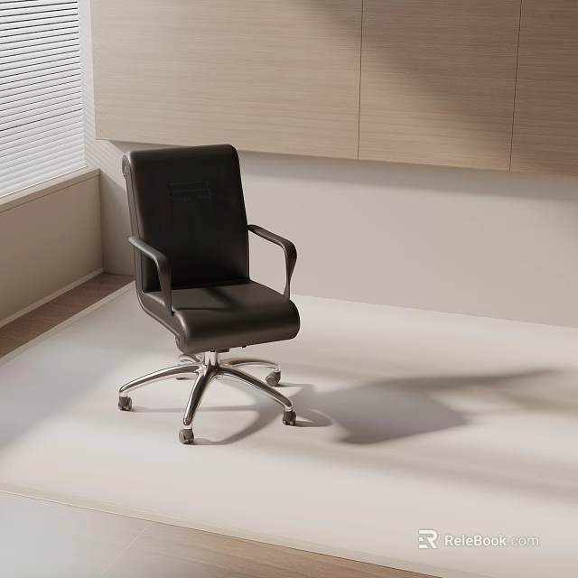 Black Leather Office Chair with Armrests Swivel Base and Wheels in Modern Office Interior 3d model 