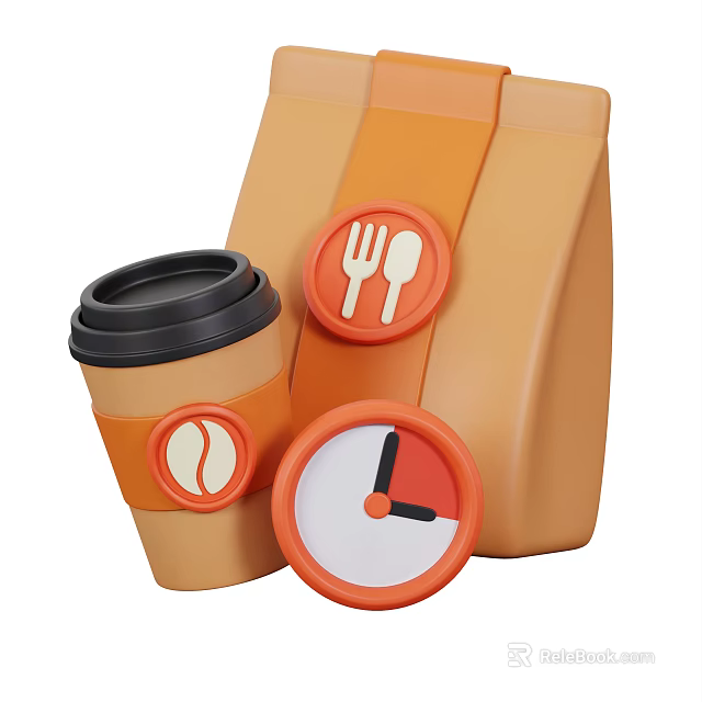 Tasty Food Essentials Featuring Coffee Cup Fork Spoon Icon And Clock On Orange Bag 3d model 