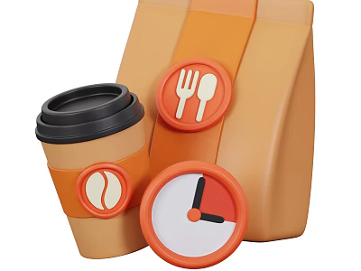 Tasty Food Essentials Featuring Coffee Cup Fork Spoon Icon And Clock On Orange Bag 3d model