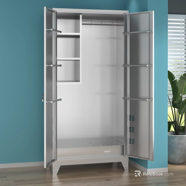 Open Metal Wardrobe With Multiple Shelves Drawer Blue Wall And Plant 3d model
